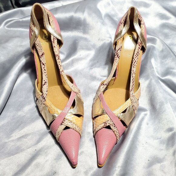 BAKERS pink gold iridescent snakeskin strappy cut out pointy toe heels THALIA - Picture 3 of 5